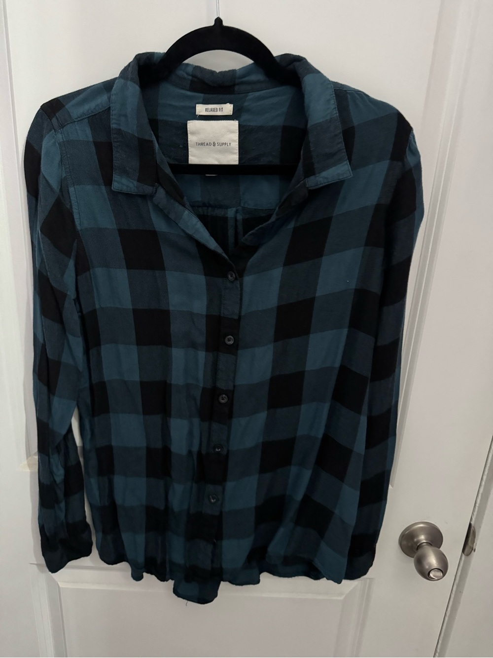 Thread & Supply Teal and Black Plaid Button-Down Shirt